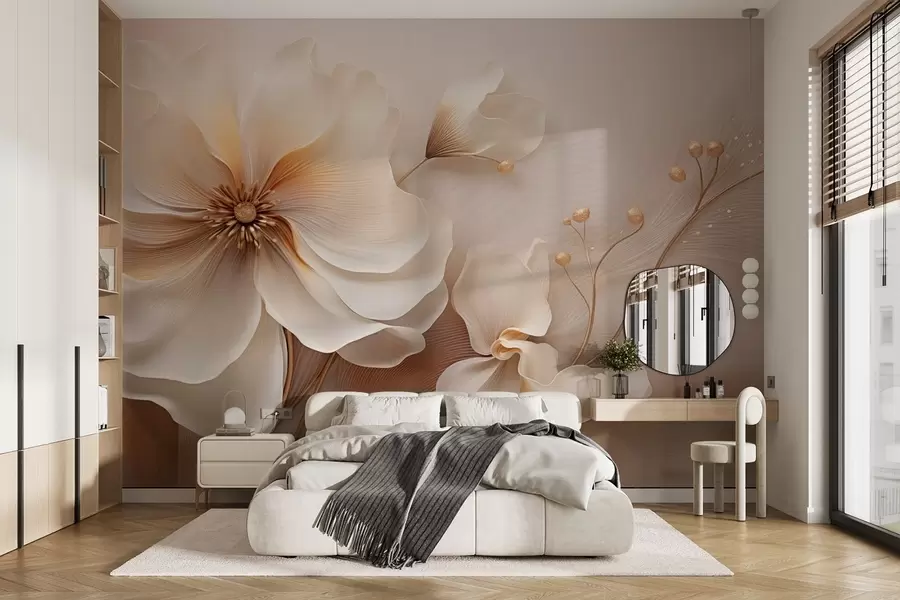 wall murals Beige and light brown wild grasses with flowers in beige tones w08960