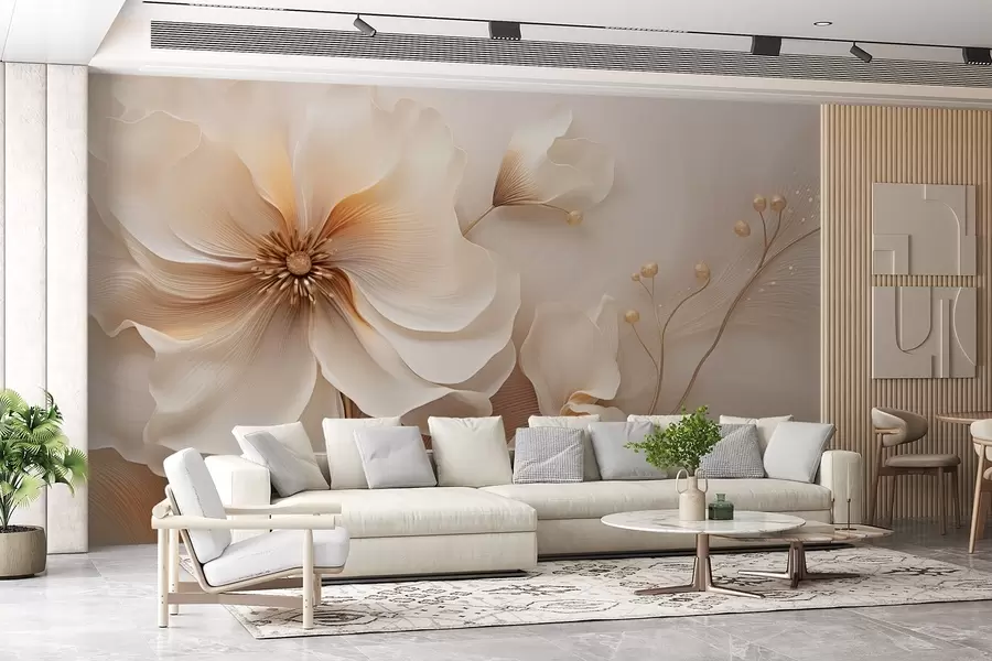 wall murals Beige and light brown wild grasses with flowers in beige tones w08960