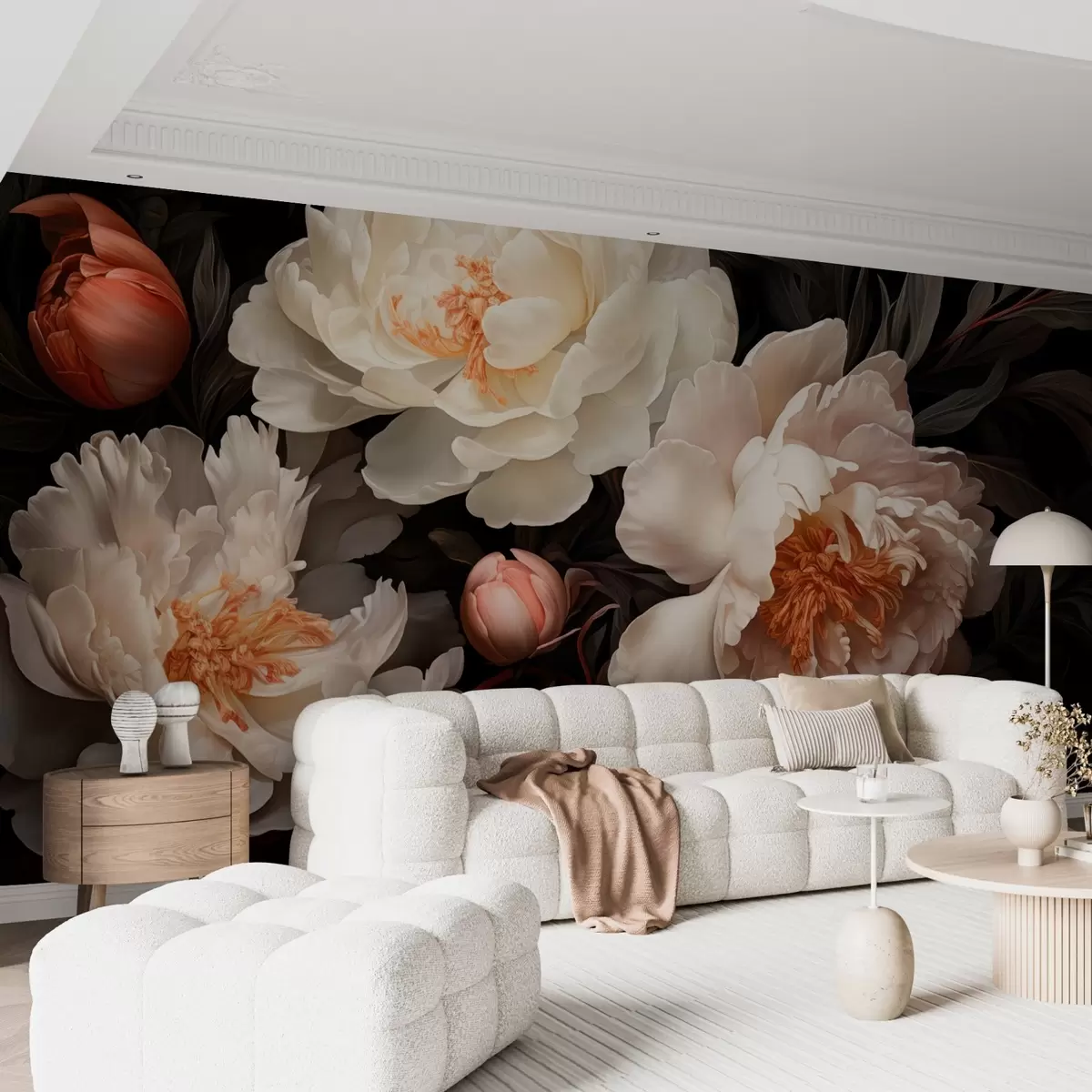 wall murals White large peonies with red buds on a dark background w08965