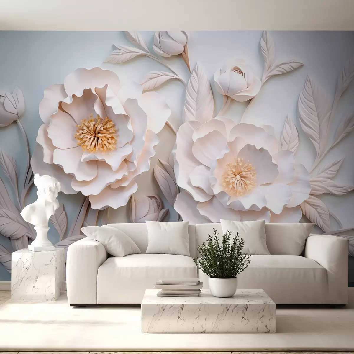 wall murals 3D relief peonies in fresco style with a yellow accent w08967