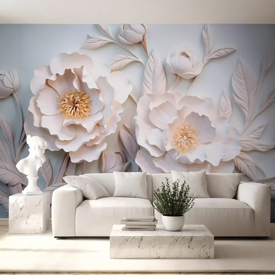 wall murals 3D relief peonies in fresco style with a yellow accent w08967