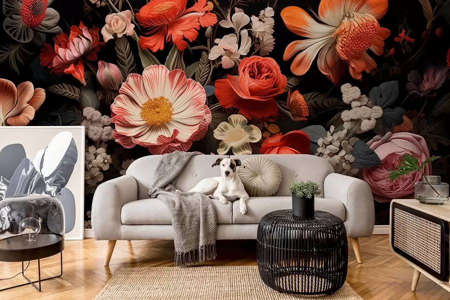 wall murals Colorful bouquet of various flowers on a dark background in warm tones w08969