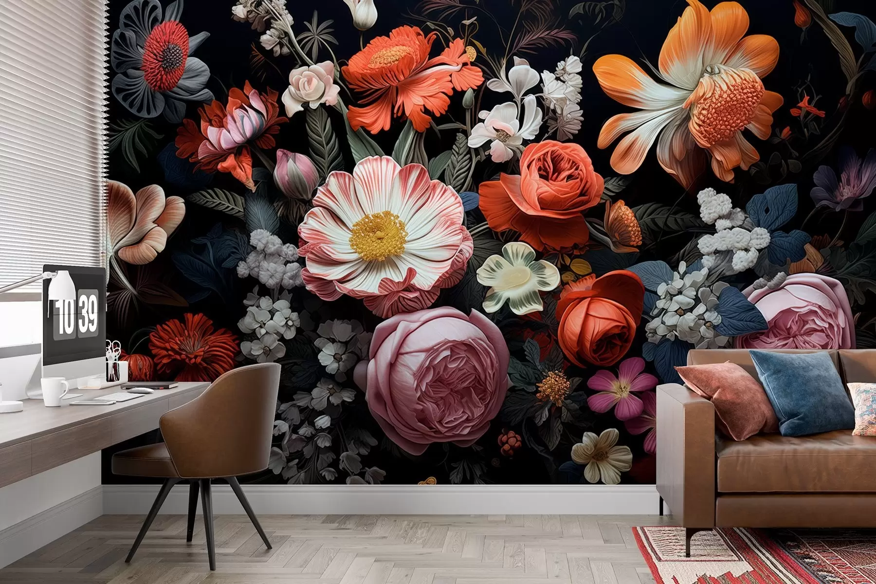 wall murals Colorful bouquet of various flowers on a dark background in cool tones w08969v1