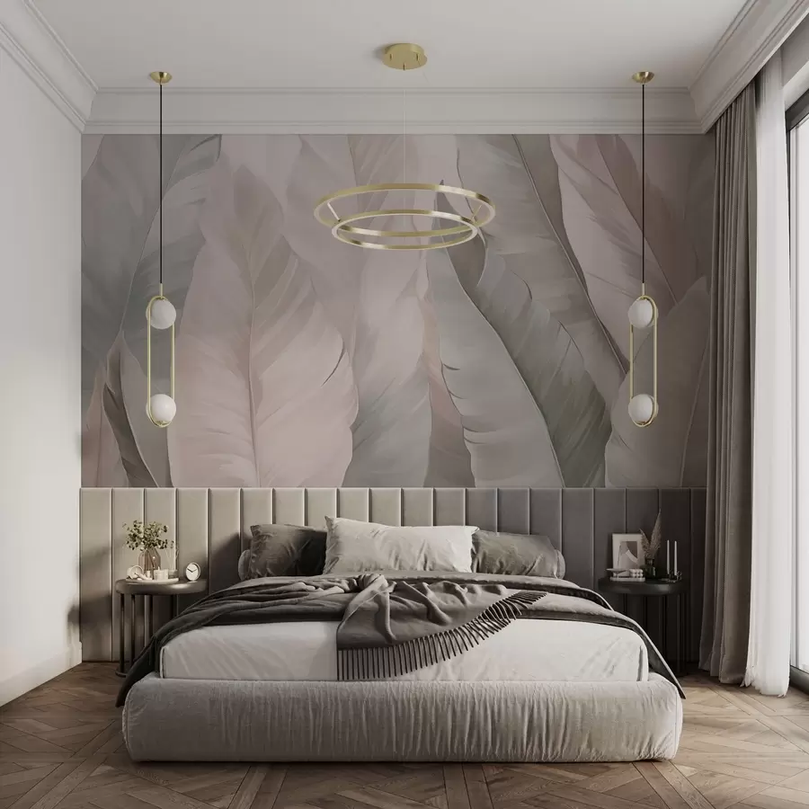 wall murals Pink and green delicate tropical foliage w03598v1