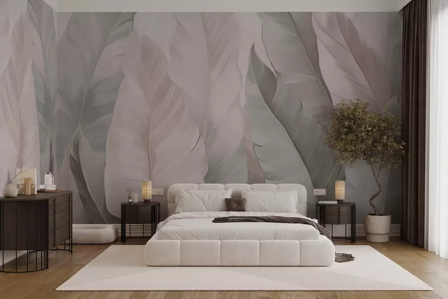 wall murals Pink and green delicate tropical foliage w03598v1