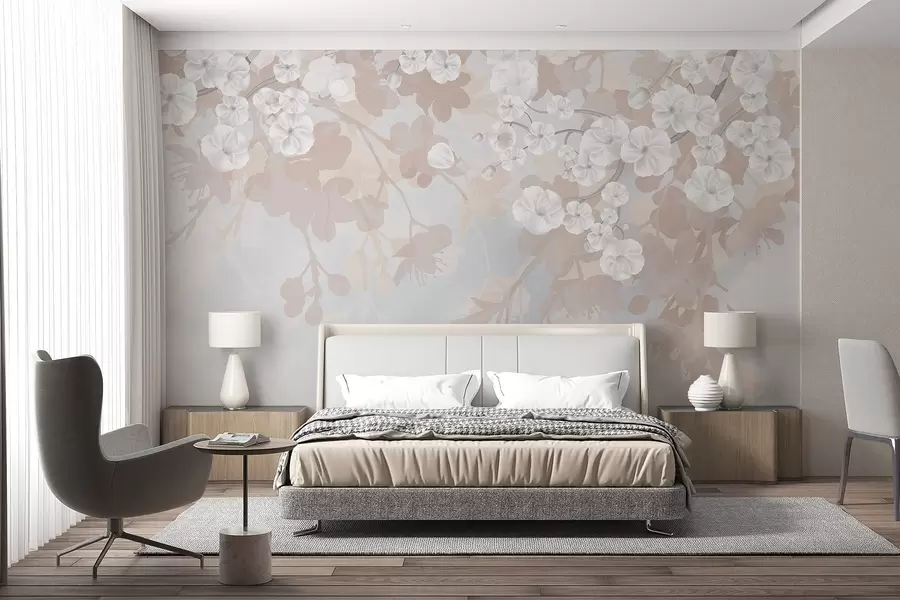 wall murals Cherry blossom branches with white flowers and grey leaves, on elegant floral silhouettes in soft pastel colors w08973