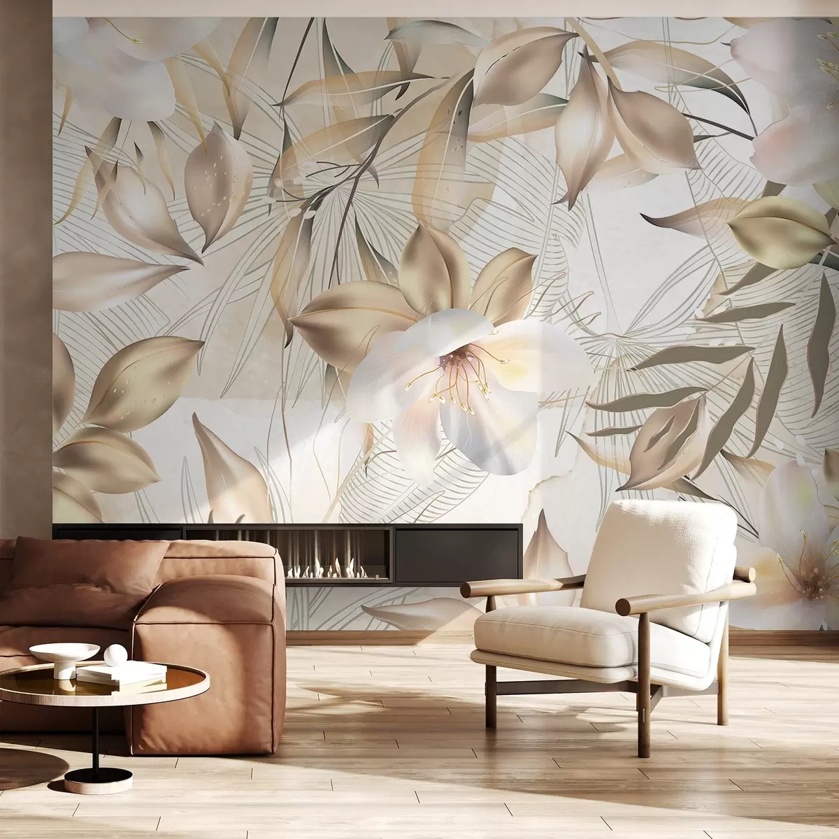 wall murals Jasmine flowers and leaves, soft colors, botanical illustration, floral background , elegant design, delicate petals w08977