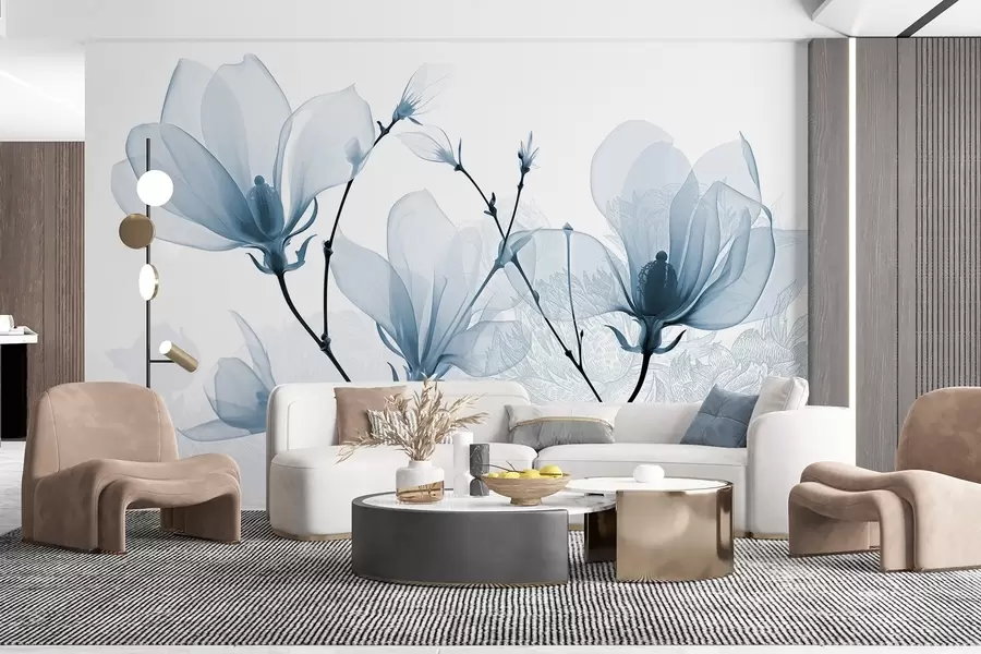wall murals Translucent blue magnolia flowers with flowers silhouettes with delicate petals and dark stems w08978