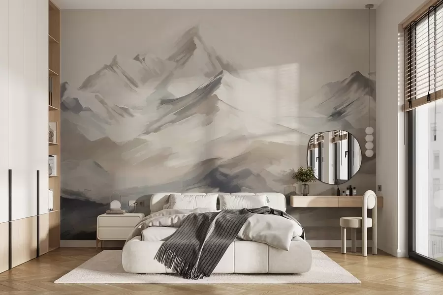 wall murals Mountains landscape with light sky, brush strokes, neutral beige and grey colors, mountain range  w08980