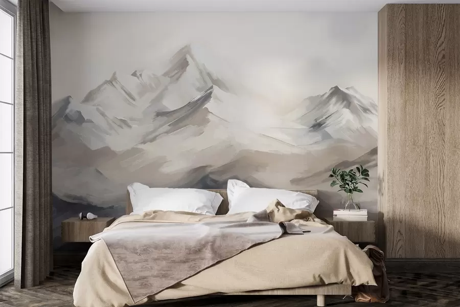 wall murals Mountains landscape with light sky, brush strokes, neutral beige and grey colors, mountain range  w08980