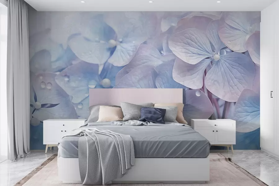 wall murals Vintage textured blue and pink hydrangea flowers with water droplets on the petals, blurred pink background w08981