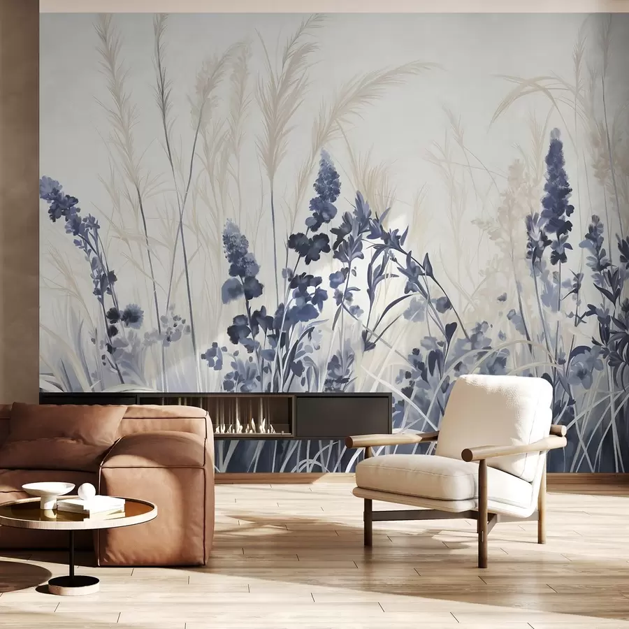 wall murals Blue flowers and beige reeds in a field, minimalistic painting texture, light background, soft colors, delicate brushstrokes  w08982