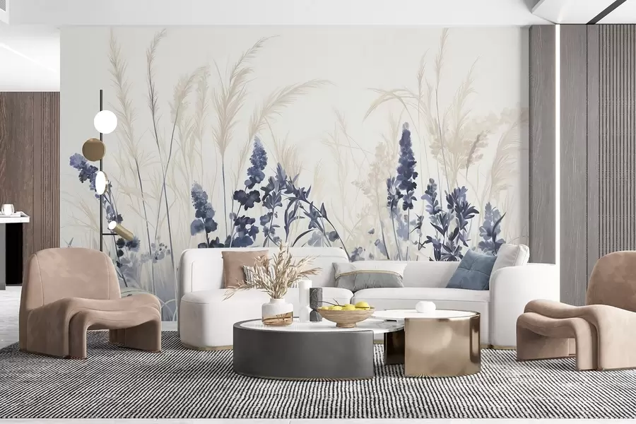 wall murals Blue flowers and beige reeds in a field, minimalistic painting texture, light background, soft colors, delicate brushstrokes  w08982