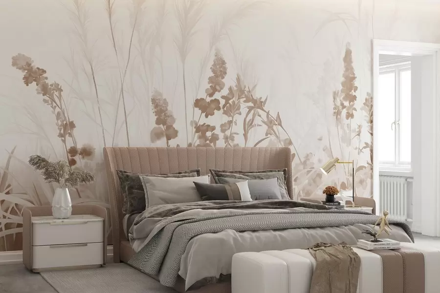 wall murals Brown flowers and beige reeds in a field, minimalistic painting texture, light background, soft colors, delicate brushstrokes  w08982v1