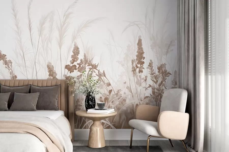 wall murals Brown flowers and beige reeds in a field, minimalistic painting texture, light background, soft colors, delicate brushstrokes  w08982v1