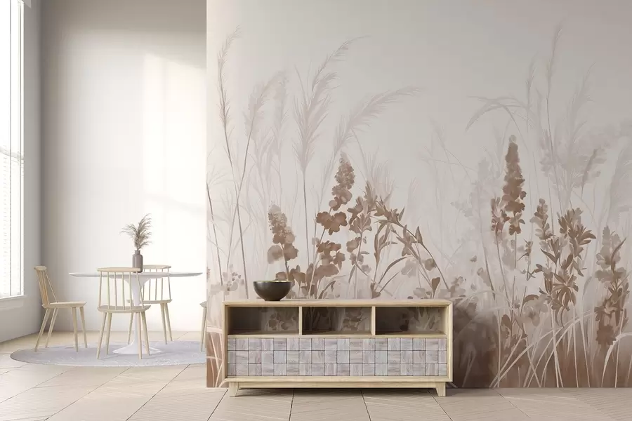 wall murals Brown flowers and beige reeds in a field, minimalistic painting texture, light background, soft colors, delicate brushstrokes  w08982v1