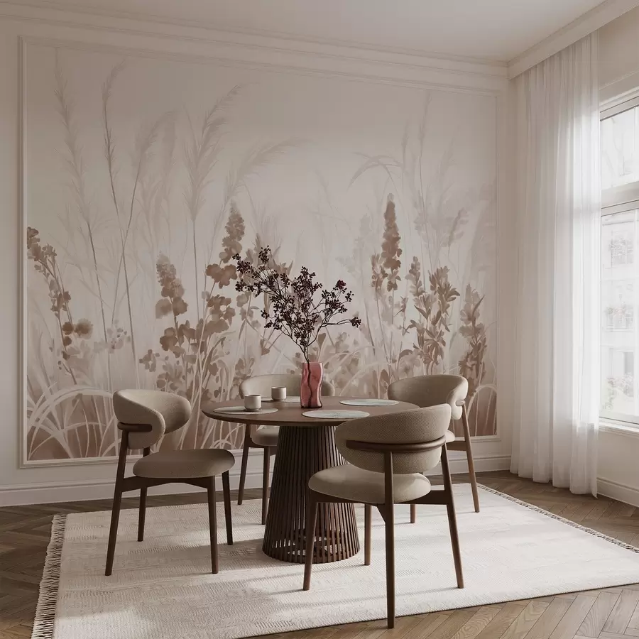 wall murals Brown flowers and beige reeds in a field, minimalistic painting texture, light background, soft colors, delicate brushstrokes  w08982v1