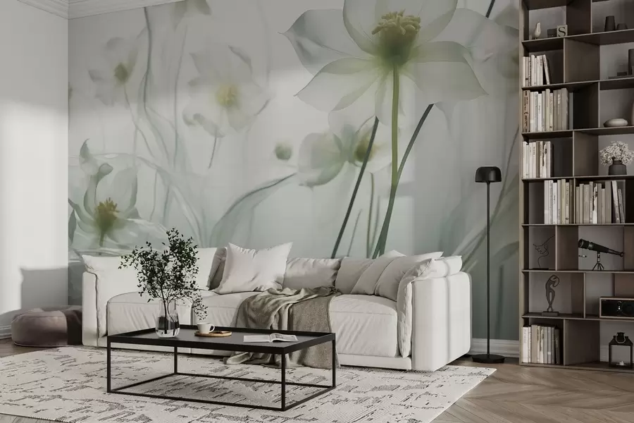wall murals Spring flowers in the mist in green shades w03646