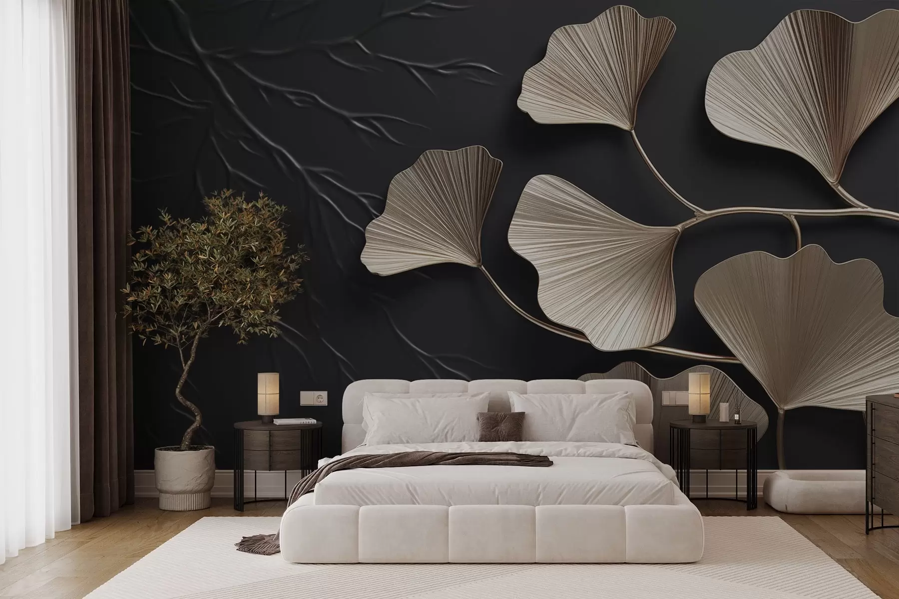 wall murals Volumetric foliage on a dark wall with branches w03650