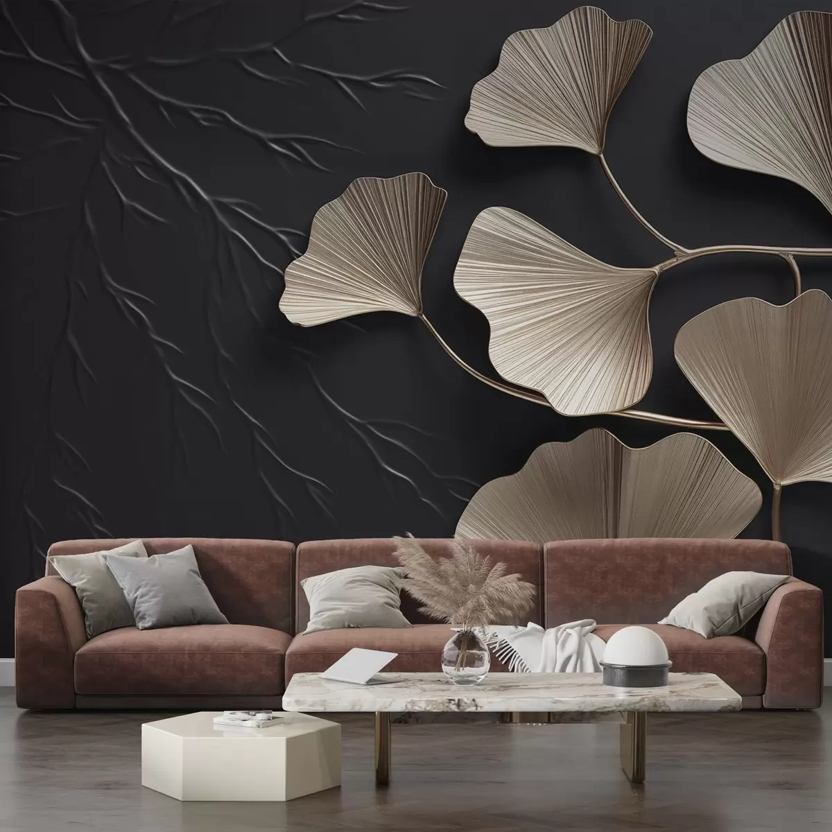 wall murals Volumetric foliage on a dark wall with branches w03650