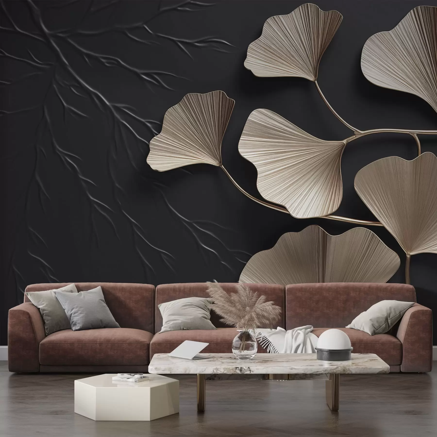 wall murals Volumetric foliage on a dark wall with branches w03650