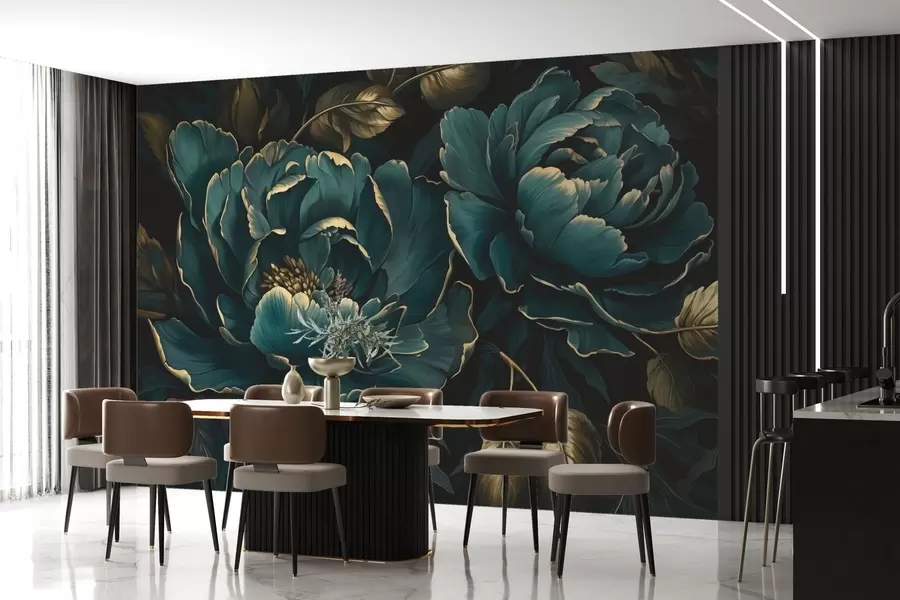wall murals Blooming peony flowers on a dark background w03651