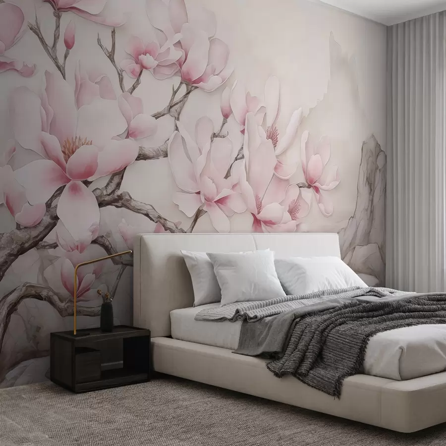 wall murals Watercolor magnolia branch over a rock w03655