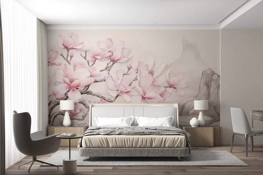 wall murals Watercolor magnolia branch over a rock w03655