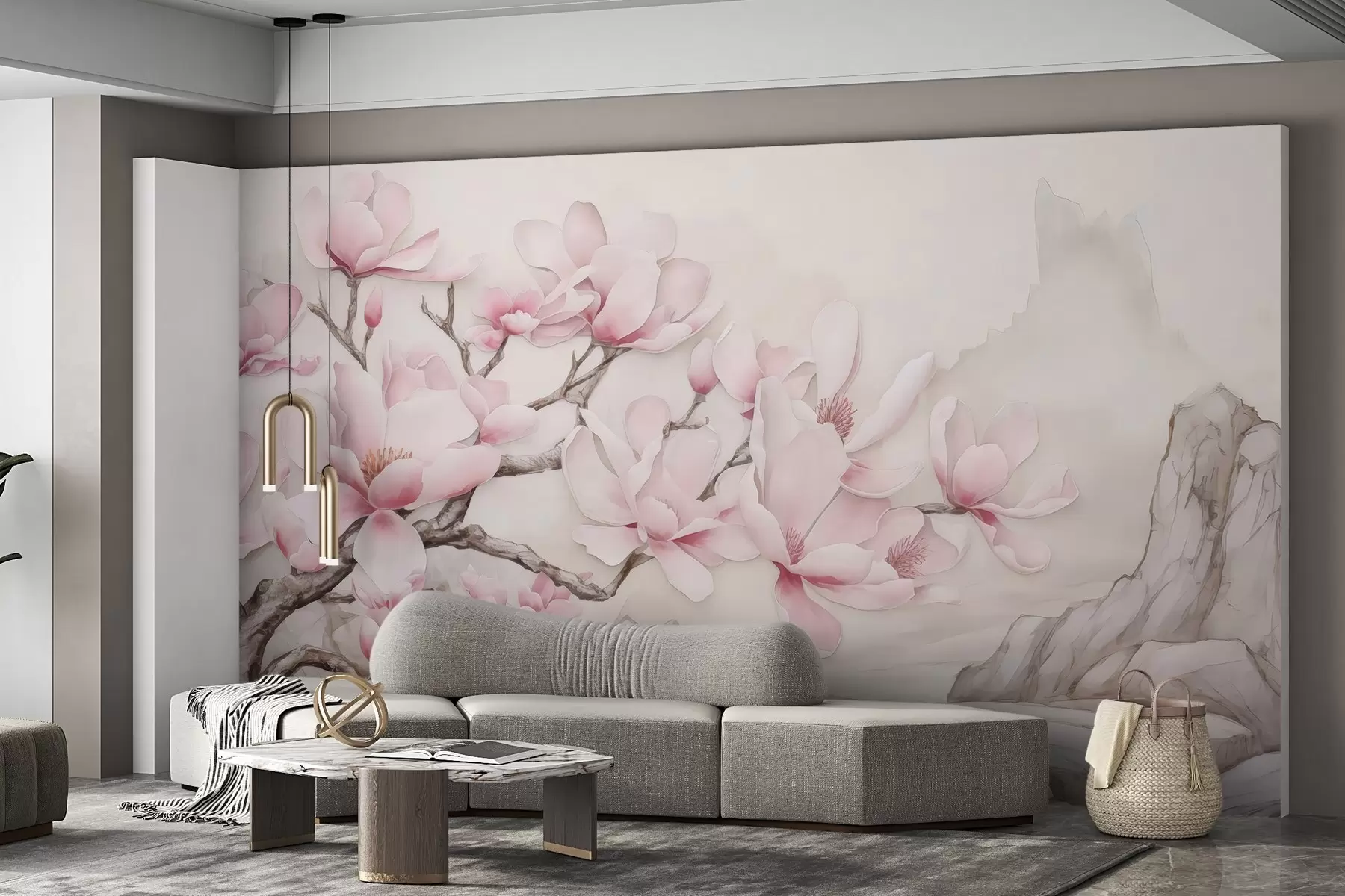 wall murals Watercolor magnolia branch over a rock w03655