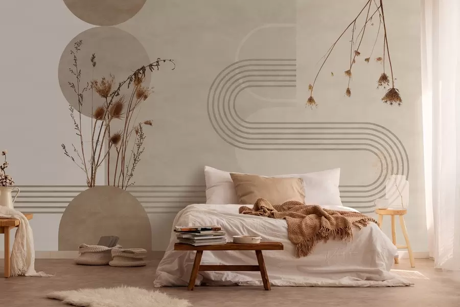 wall murals stylish geometry and dried flowers in beige tones w03449