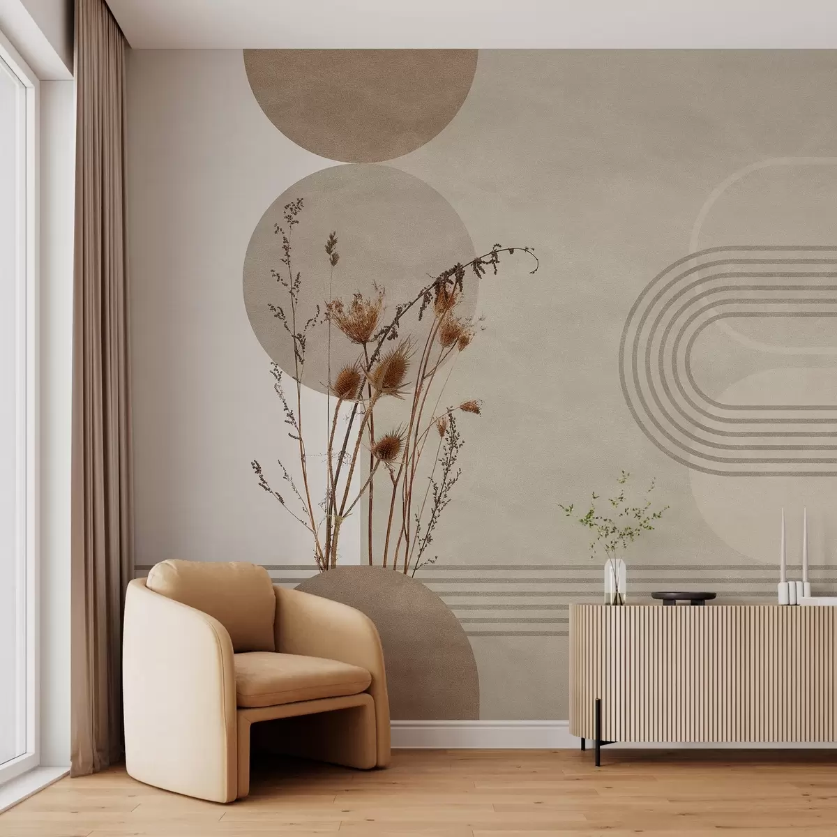 wall murals stylish geometry and dried flowers in beige tones w03449