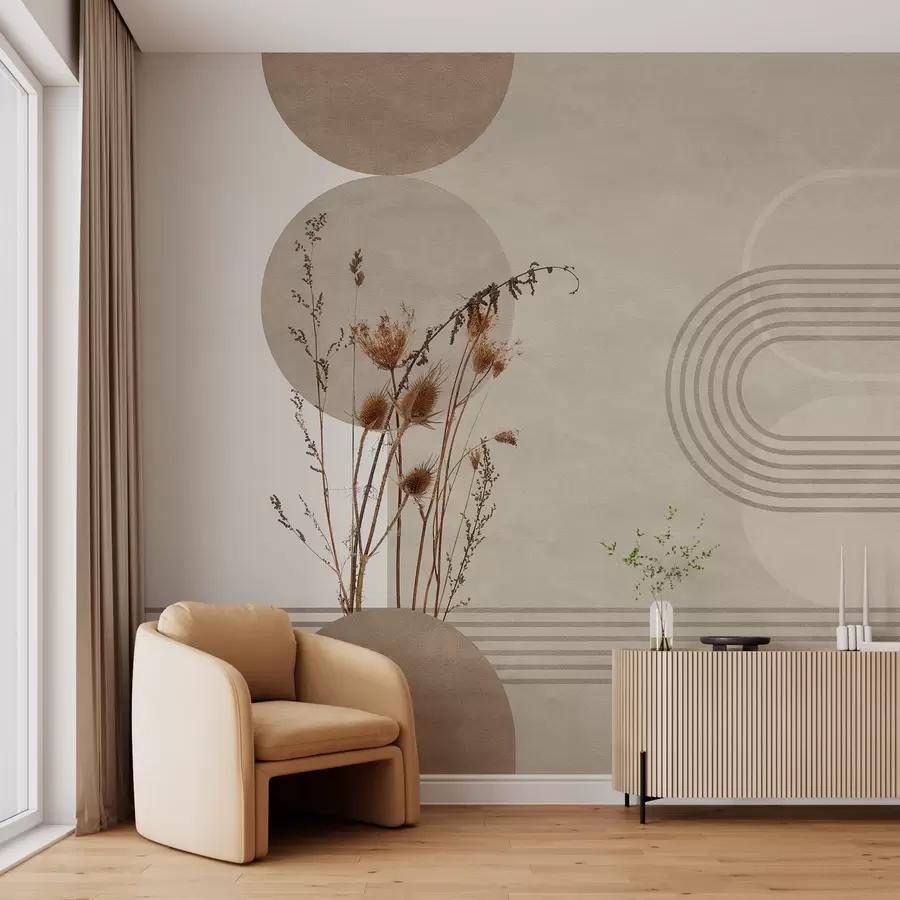 wall murals stylish geometry and dried flowers in beige tones w03449