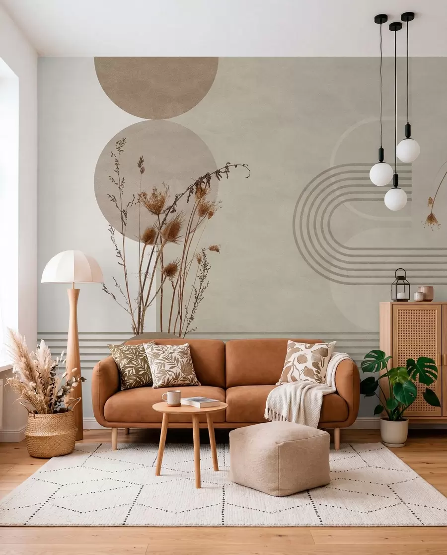 wall murals stylish geometry and dried flowers in beige tones w03449