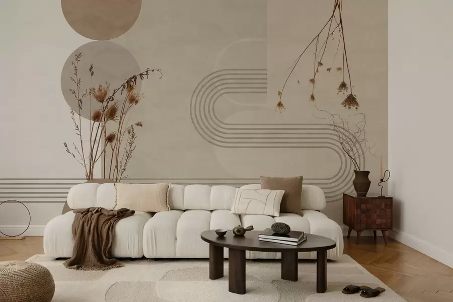 wall murals stylish geometry and dried flowers in beige tones w03449