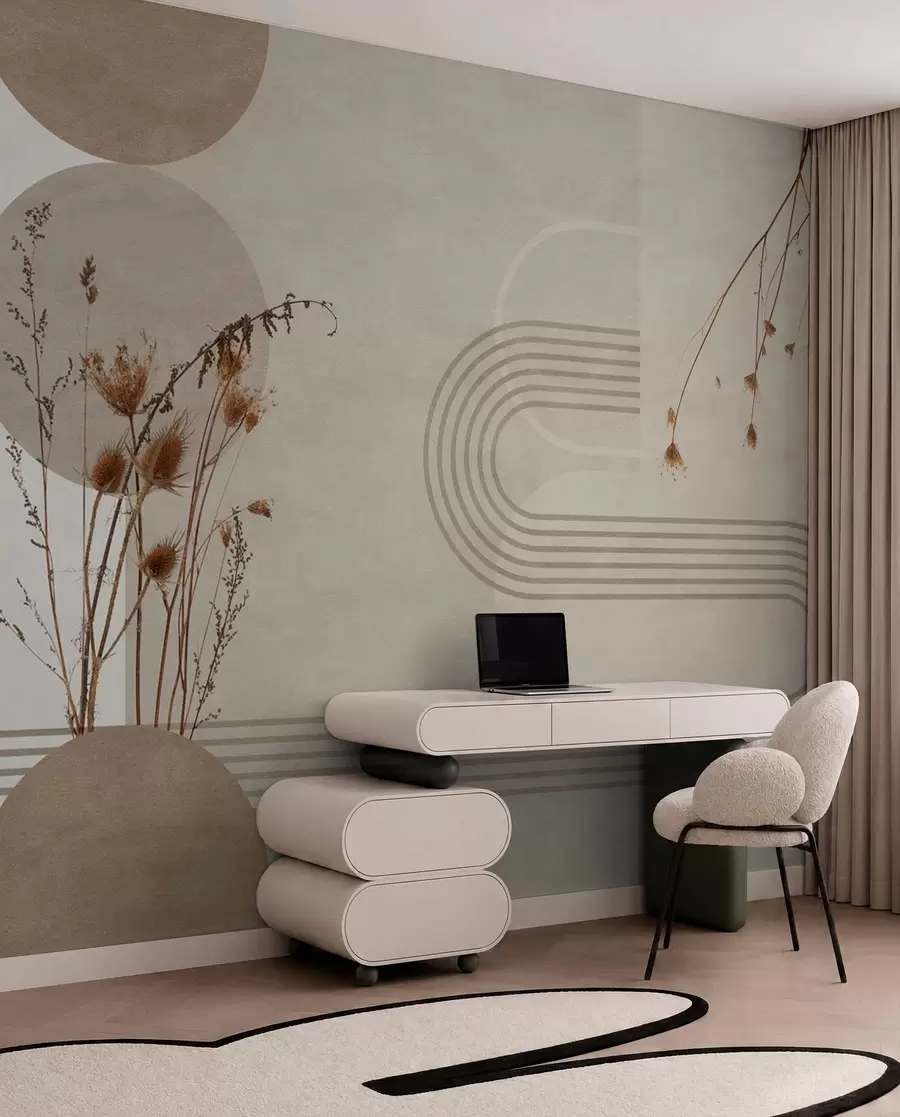 wall murals stylish geometry and dried flowers in beige tones w03449