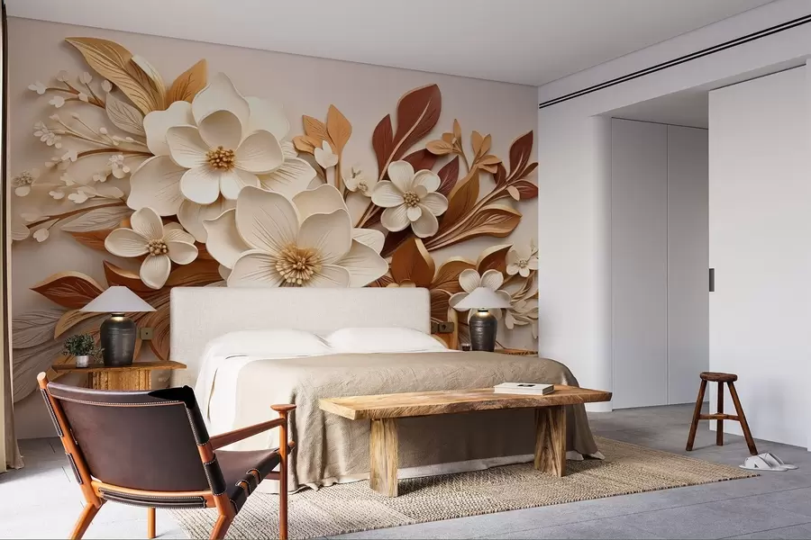 wall murals 3D flowers with leaves in origami style in beige tones w08984