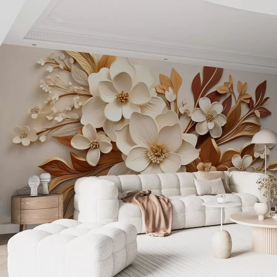 wall murals 3D flowers with leaves in origami style in beige tones w08984