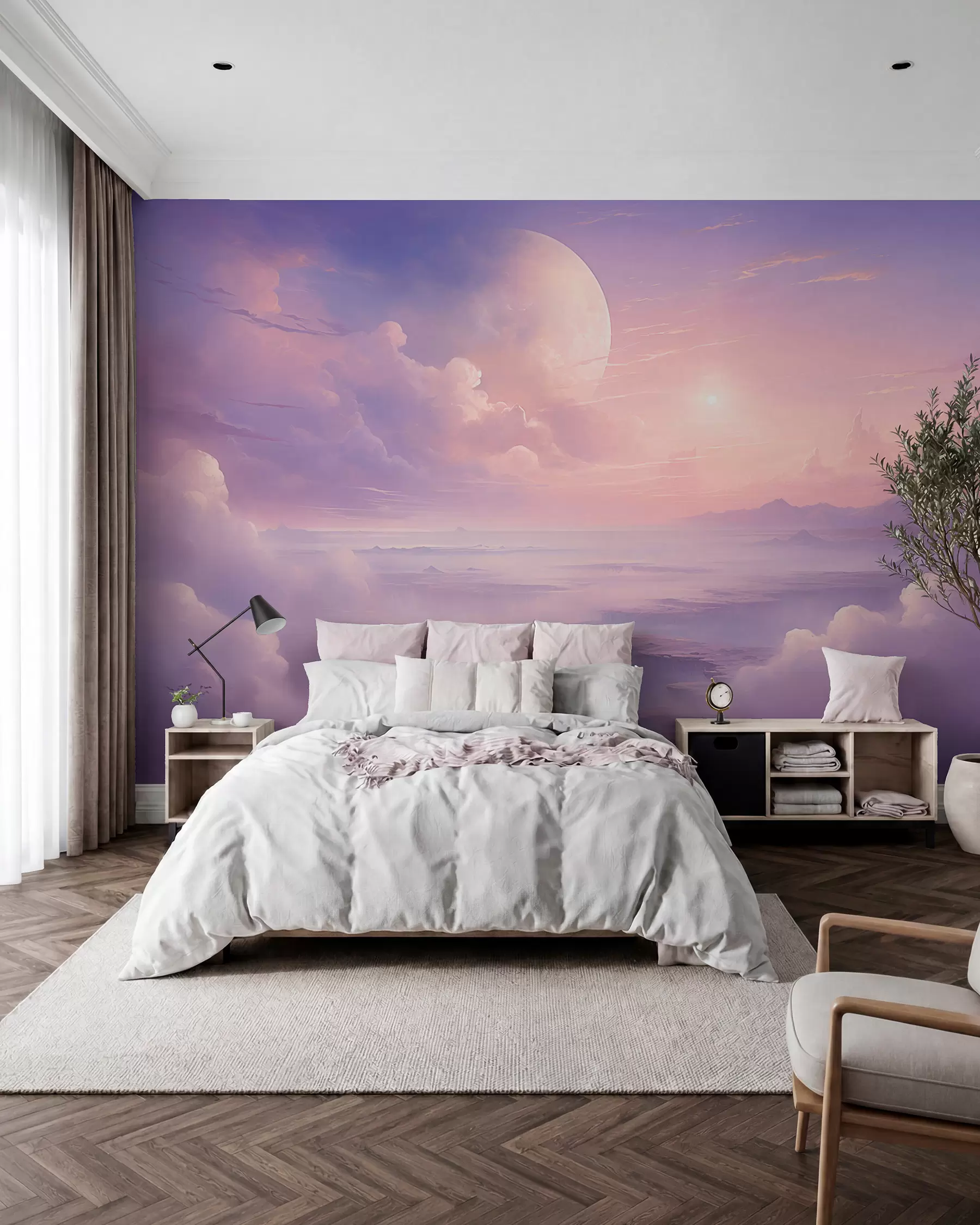 wall murals Magical purple-pink sky with the moon and clouds w08986