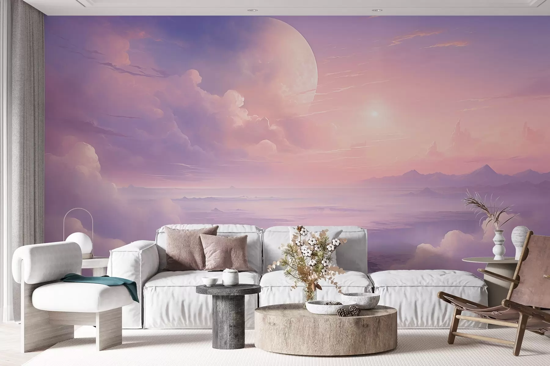 wall murals Magical purple-pink sky with the moon and clouds w08986