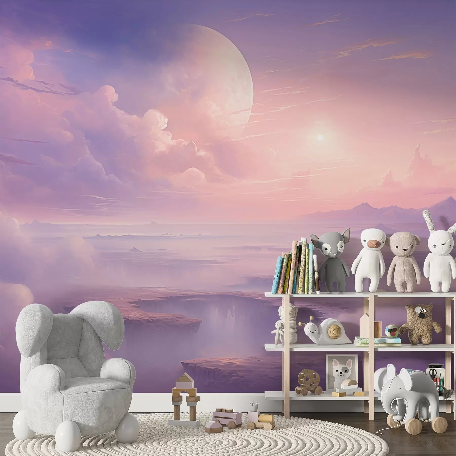 wall murals Magical purple-pink sky with the moon and clouds w08986