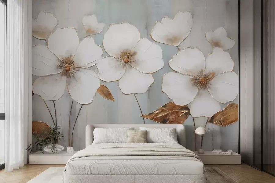 wall murals Large white flowers with yellow accent leaves on a gray background w08999