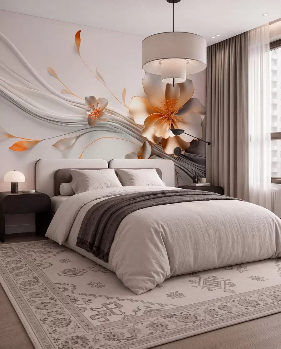 wall murals An orange flower on a gray abstract background w09004