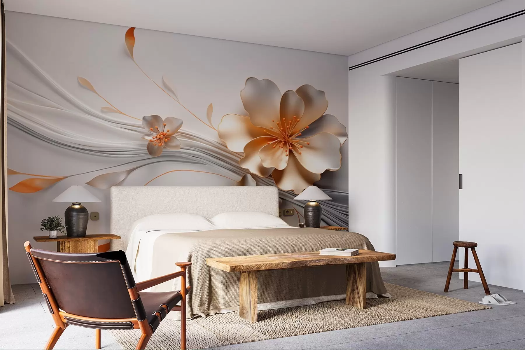 wall murals An orange flower on a gray abstract background w09004