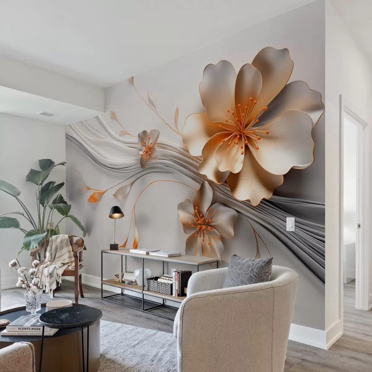 wall murals An orange flower on a gray abstract background w09004