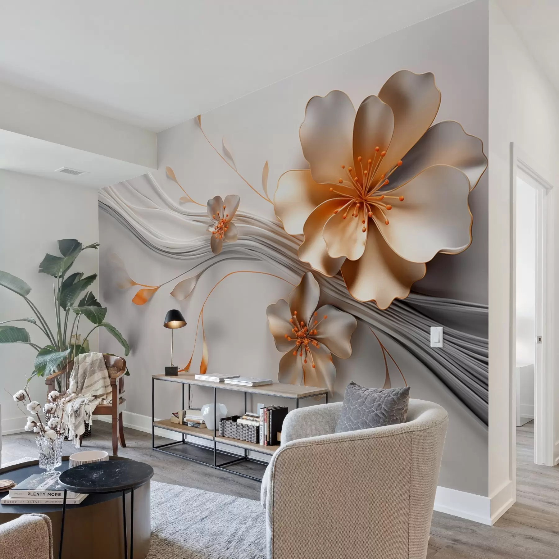 wall murals An orange flower on a gray abstract background w09004