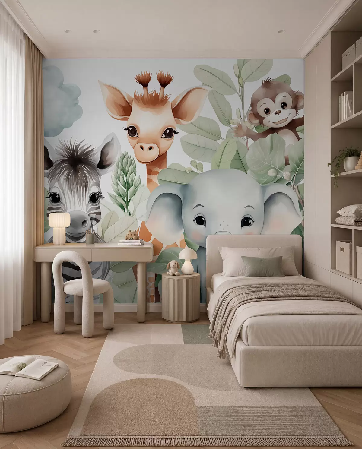 wall murals Giraffe, zebra, elephant and monkey among the foliage w03677