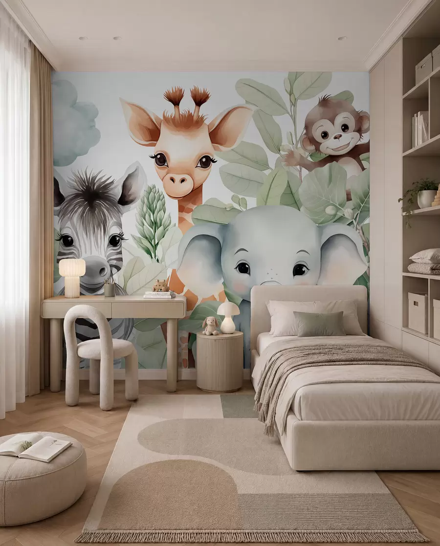 wall murals Giraffe, zebra, elephant and monkey among the foliage w03677