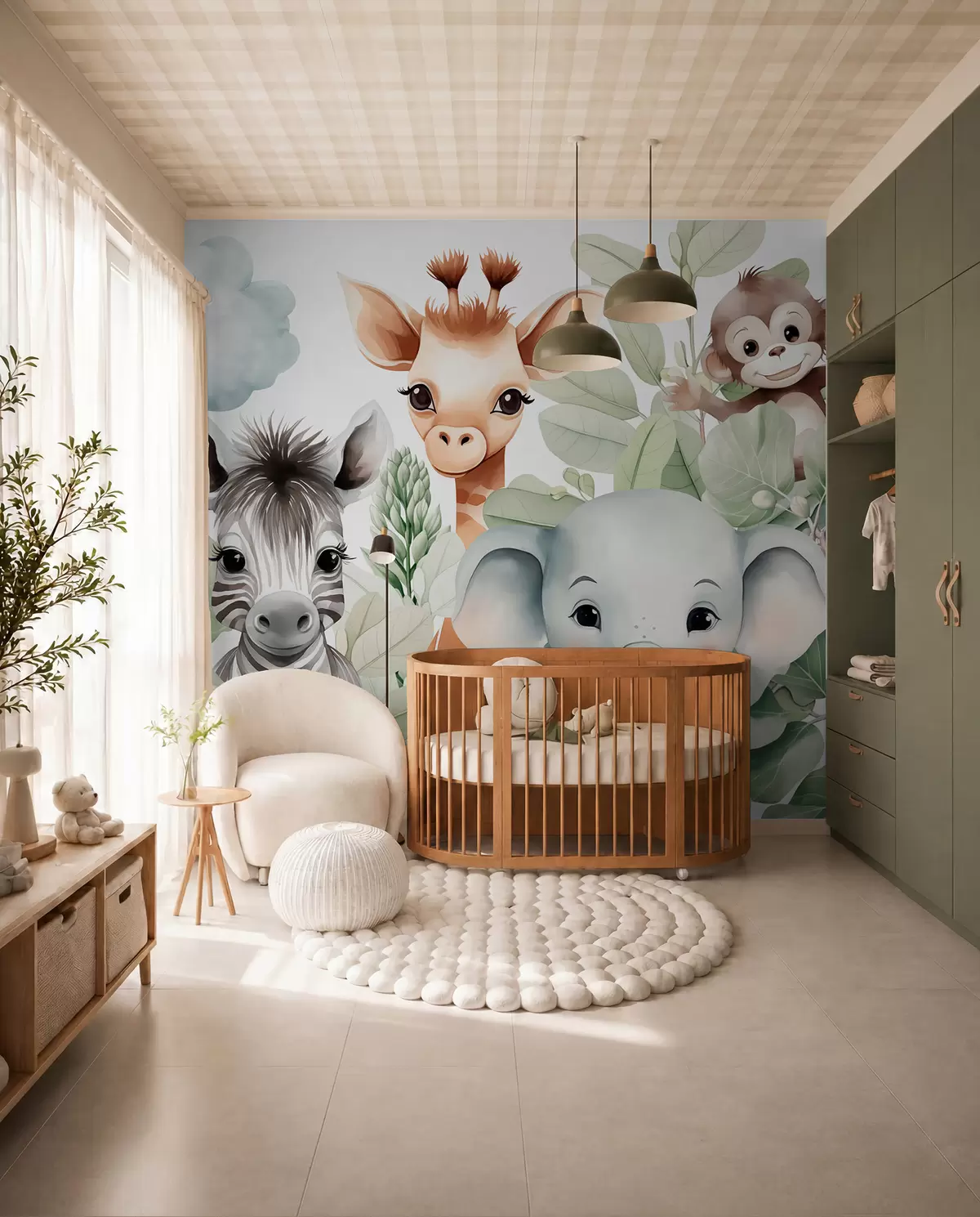 wall murals Giraffe, zebra, elephant and monkey among the foliage w03677