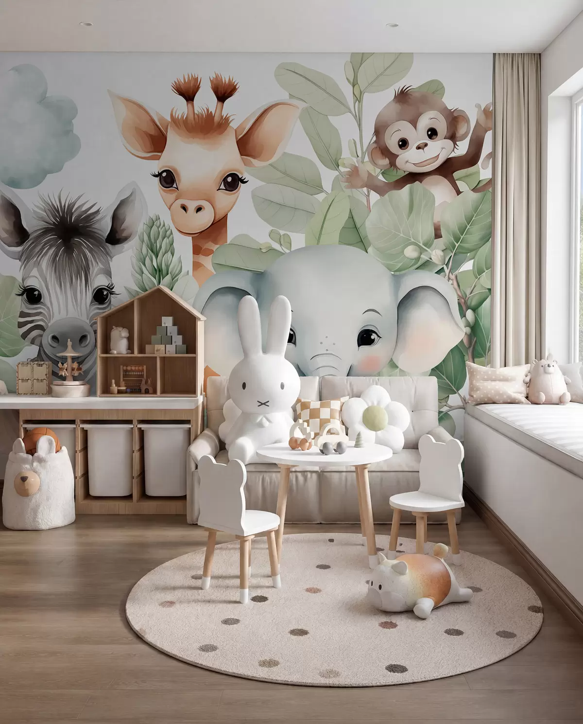 wall murals Giraffe, zebra, elephant and monkey among the foliage w03677