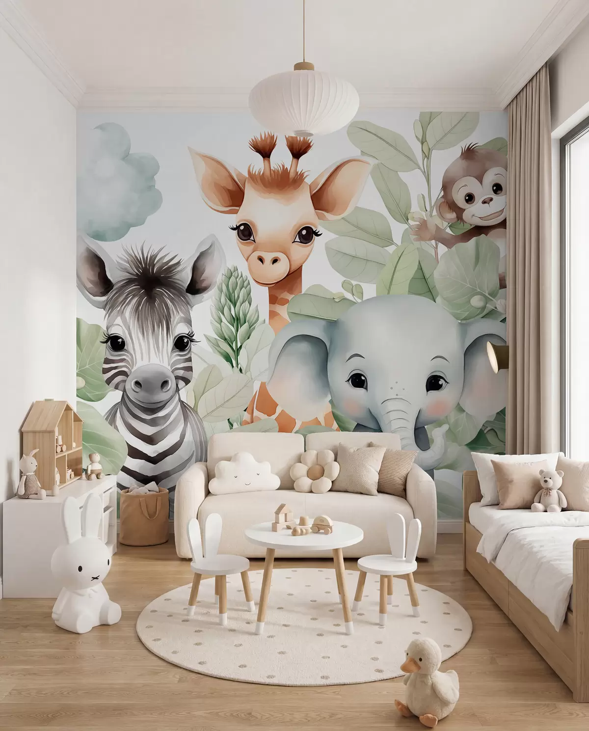 wall murals Giraffe, zebra, elephant and monkey among the foliage w03677